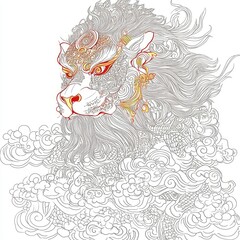 Intricate Line Art of a Mythical Lion Amidst Clouds