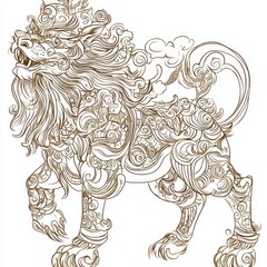 Ornate Line Art Illustration of a Chinese Guardian Lion (Foo Dog)
