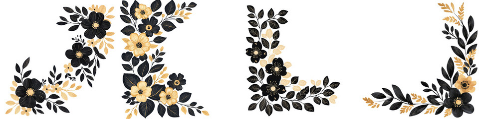 Elegant black and gold floral arrangement with vibrant yellow and black blossoms lush leaves and a beautifully decorative organic and design