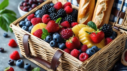 Picnic Basket Overflowing With Fresh Berries Fruits And Baguettes Perfect For Outdoor Gatherings With Copy Space For Text