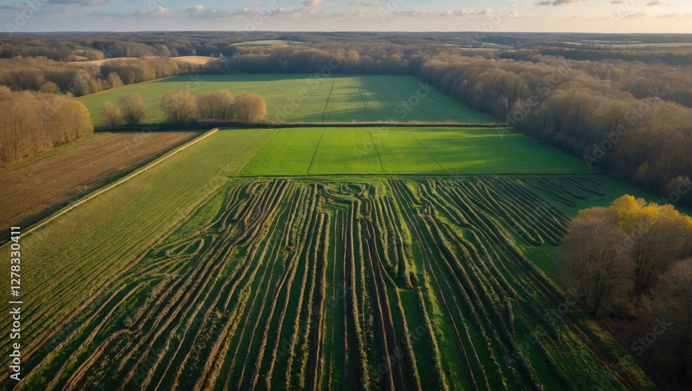 Aufkleber aerial drone shot of lush green fields with distinctive tractor tracks bordered by a forest in a pic