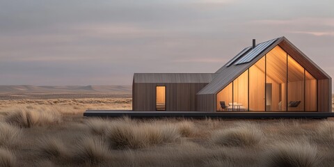 Fototapeta premium A wooden house with large glass windows illuminates the evening landscape, surrounded by tall grass under a soft twilight sky