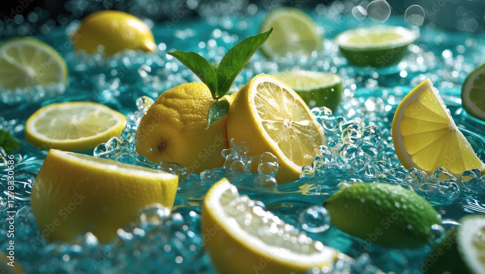 Poster fresh citrus slices of lemon and lime in sparkling water with bubbles and a vibrant turquoise backgr