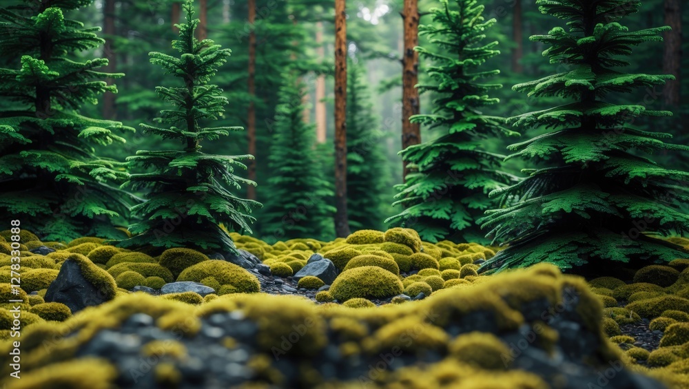 Poster lush pine and coniferous forest with vibrant moss and tranquil pathway ideal for nature inspired the