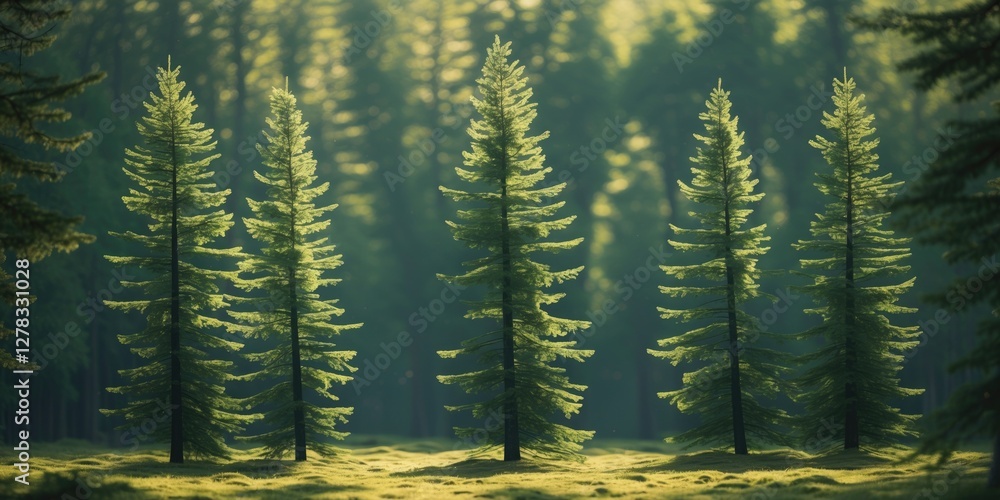 Poster pine trees in lush forest landscape with soft light and room for text in serene natural setting