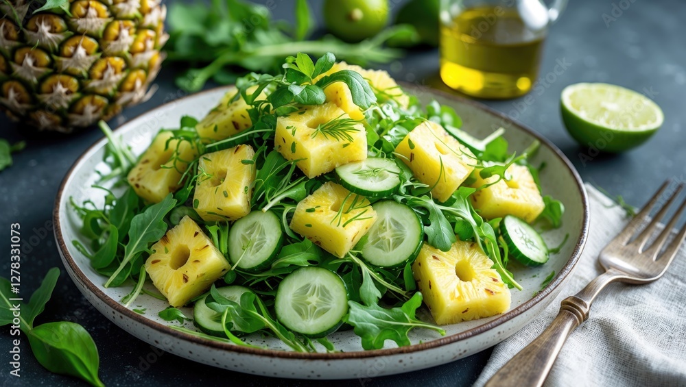 Poster pineapple cucumber salad with arugula and lime healthy fresh ingredients with empty space for text p