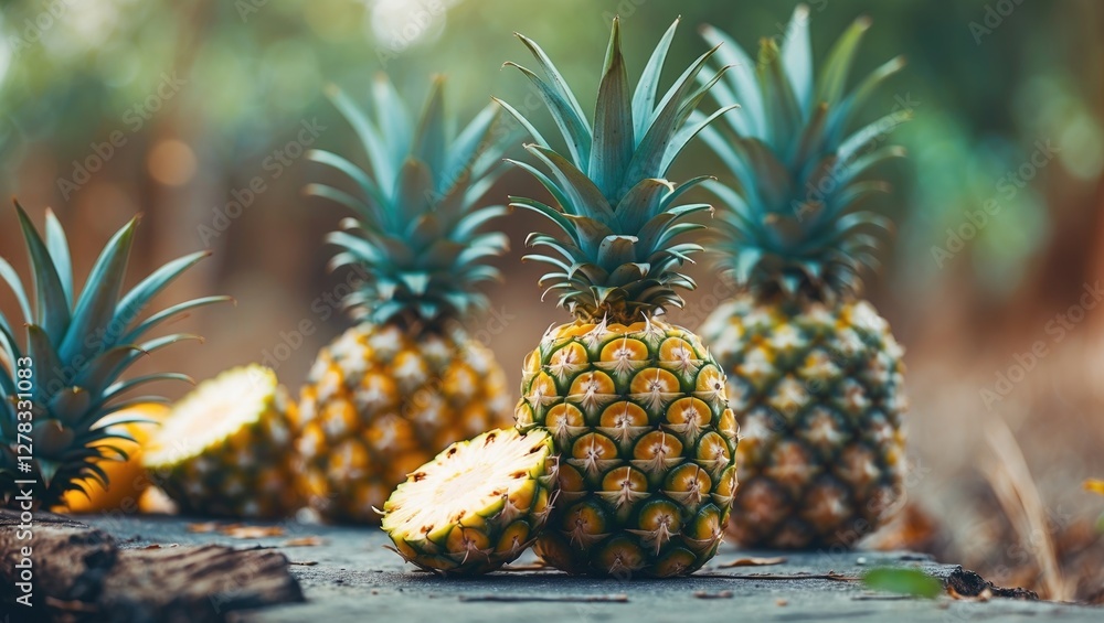 Poster fresh pineapples with sliced fruit on natural background featuring copy space for text in tropical s