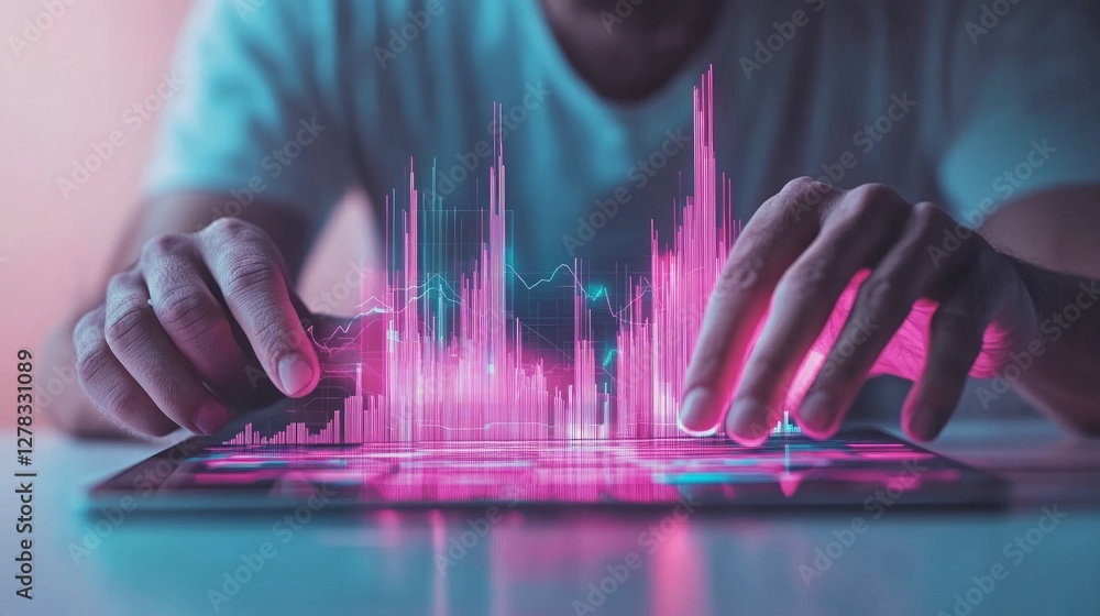 Poster individual engaged in data analysis using a tablet, with colorful graphs illuminating the screen in 