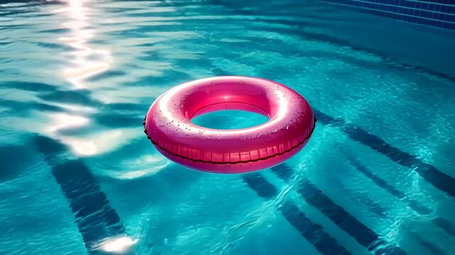 Colorful pink floaty drifting on crystal clear blue water in a sunny swimming pool