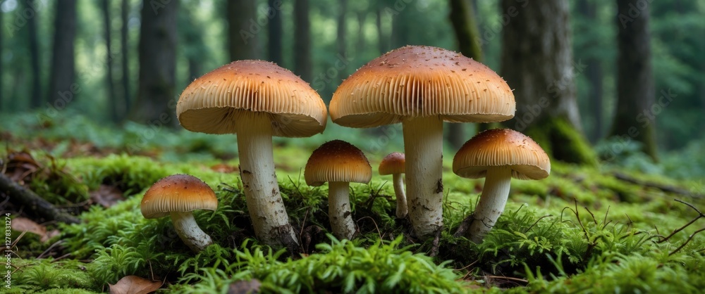Poster mushroom grouping on lush green moss surrounded by forest trees with natural light and space for tex