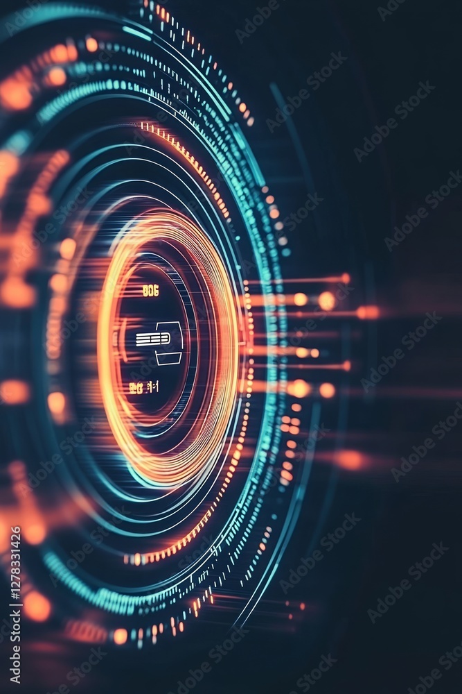 Poster vivid circular patterns and glowing lines illustrate the concept of technology and digital innovatio