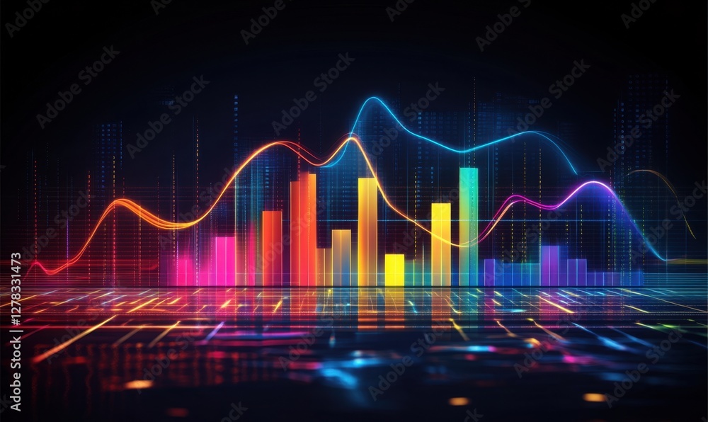 Poster glowing digital graph with colorful bars on dark background for financial reports