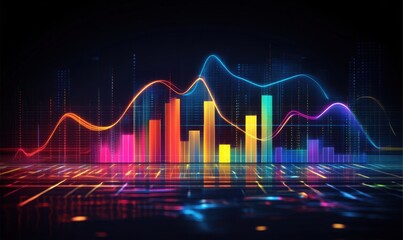 Glowing digital graph with colorful bars on dark background for financial reports