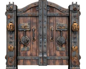 Ancient steampunk inspired entrance with rusted gears and wooden texture, showcasing intricate metalwork and vintage aesthetic