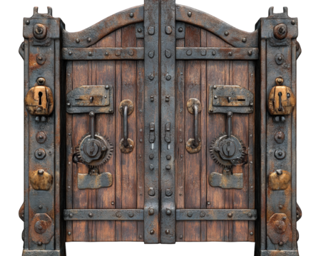 Ancient steampunk inspired entrance with rusted gears and wooden texture, showcasing intricate metalwork and vintage aesthetic