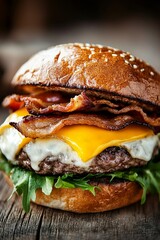 A mouthwatering cheeseburger features melted cheese, crispy bacon, and fresh greens on a toasted sesame seed bun, highlighting a perfect meal moment