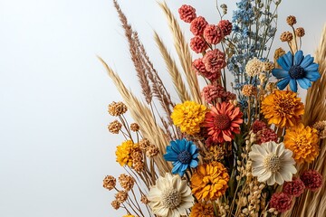 Dried flowers bouquet, autumn colors, white background, craft