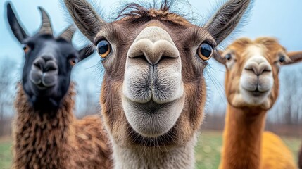 Obraz premium Three goats are standing in a field, one of which is looking at the camera. The other two goats are looking away