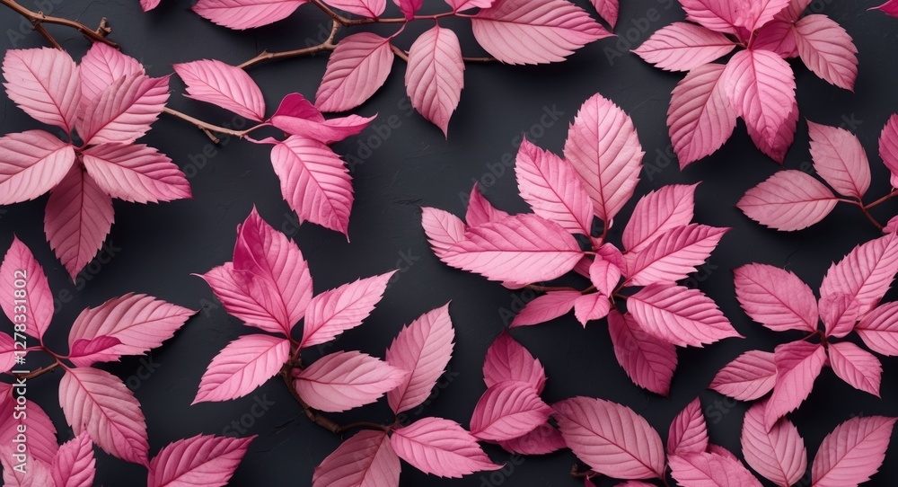 Poster vibrant pink leaves on dark background with ample space for text overlay and design elements