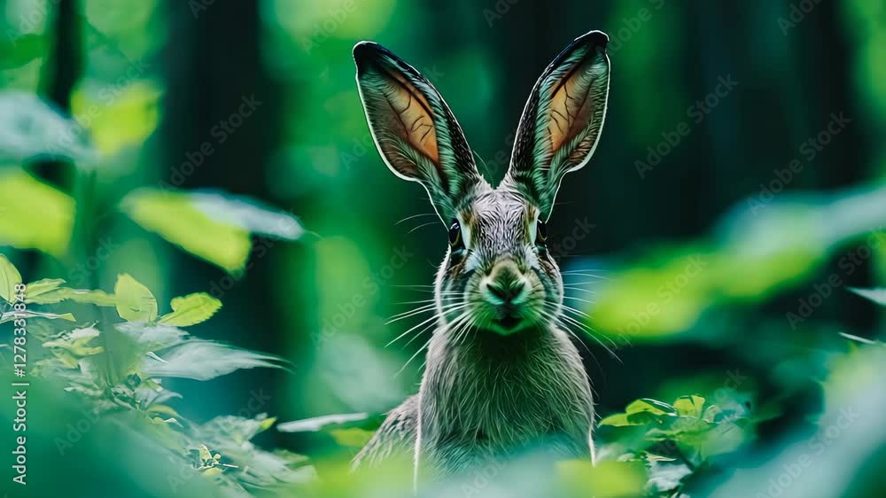 Poster close encounter with a curious rabbit in a lush green forest during springtime