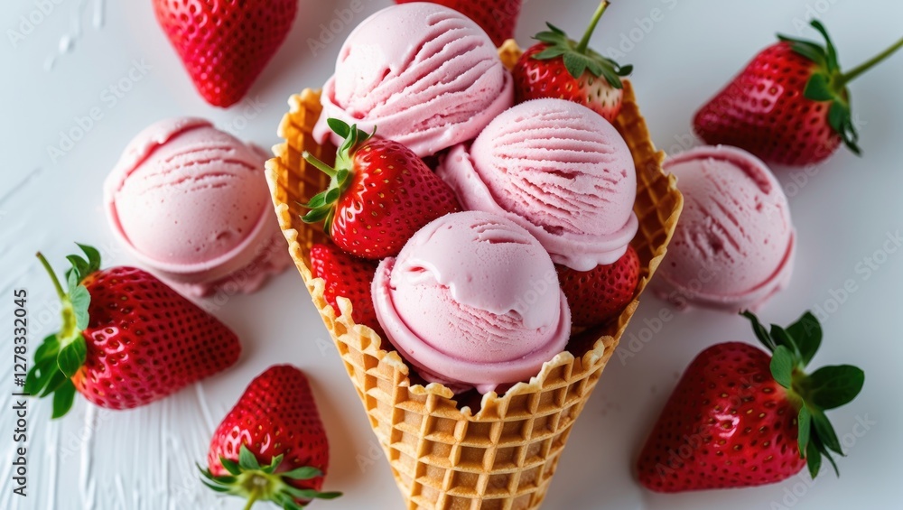 Poster pink strawberry ice cream scoops in waffle cone surrounded by fresh strawberries on white background