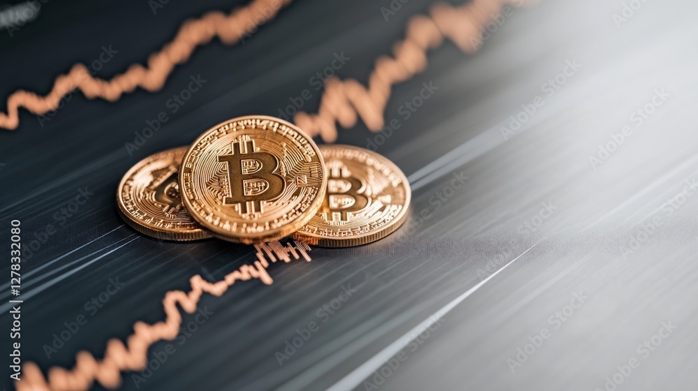 Poster three bitcoin coins are placed on a digital graph displaying fluctuating market trends, illustrating