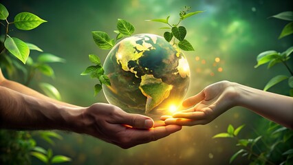 Hands Passing Glowing Earth with Sprouting Leaves, Symbolizing Global Unity and Environmental Stewardship