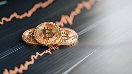 Three bitcoin coins are placed on a digital graph displaying fluctuating market trends, illustrating the volatility and dynamics of cryptocurrency trading