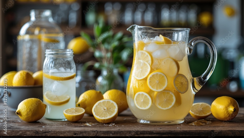 Poster refreshing pitcher of homemade lemonade with lemon slices and fresh lemons on a rustic table, perfec