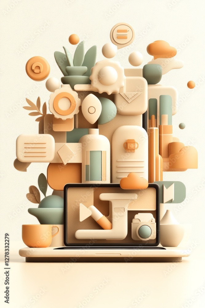 Poster abstract shapes and icons surround a laptop at the center, showcasing a blend of modern graphics and