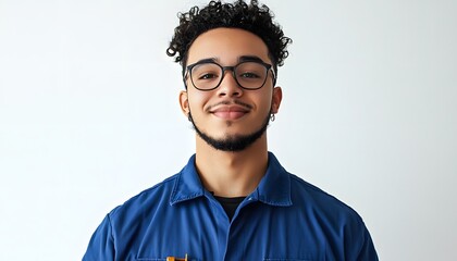 Fototapeta premium Portrait of a smiling worker in blue uniform shirt