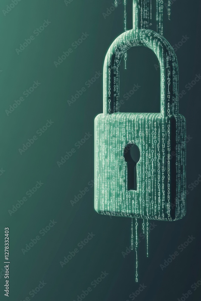 Poster a digital padlock hangs in a dark green space, with cascading binary code symbolizing cybersecurity 
