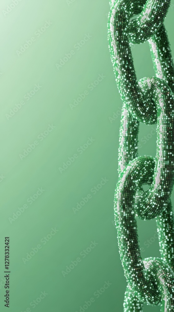 Poster abstract representation of a green chain link constructed with dots, set against a smooth gradient b