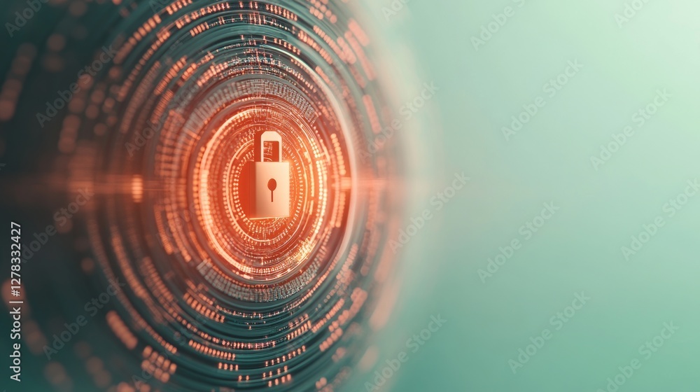 Poster a padlock symbolizes digital security, surrounded by glowing data lines and a dynamic background, re