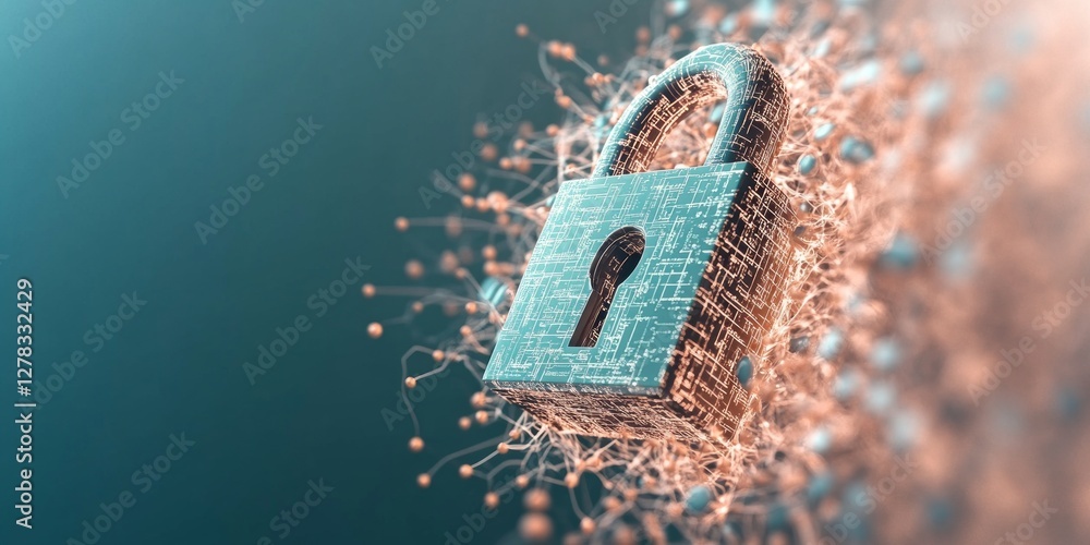 Poster a digital padlock with a unique circuitry design floats against a blue backdrop, symbolizing concept