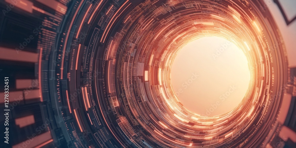 Poster a dynamic visual of an abstract technology design showcases swirling patterns leading to a bright co