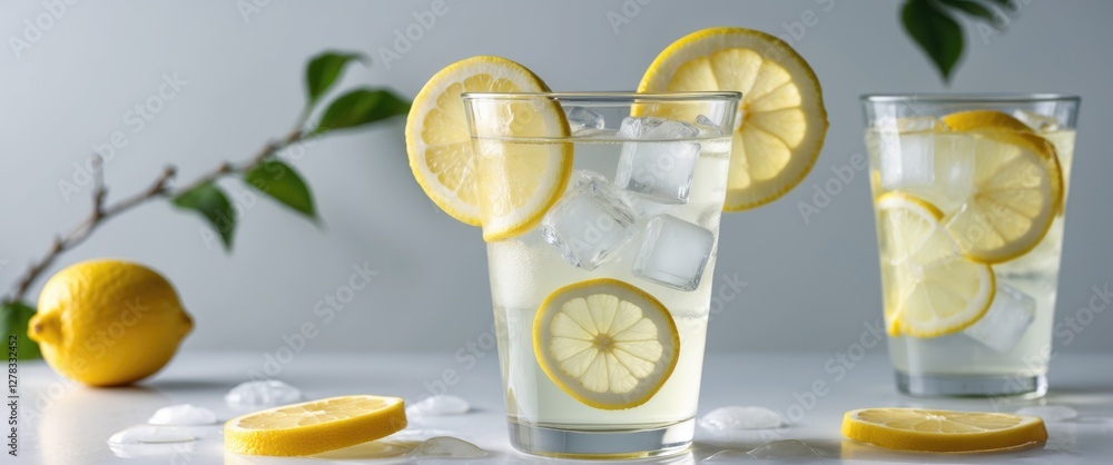 Poster refreshing lemonade with ice and lemon slices in clear glasses on white background perfect for summe