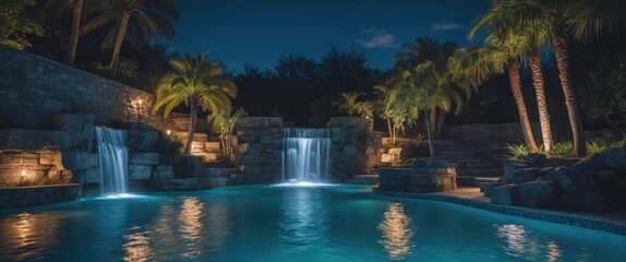 Serene Night Pool Scene with Waterfalls and Lush Palms Creating a Tranquil Vacation Atmosphere and Space for Text Overlay