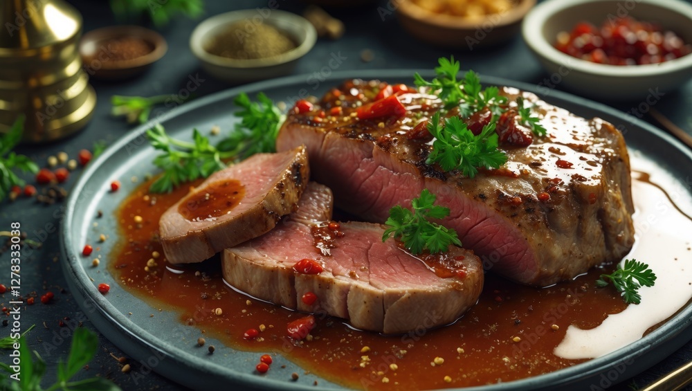Poster delicious pork steak served with savory sauce and spices on a plate with empty space for custom text