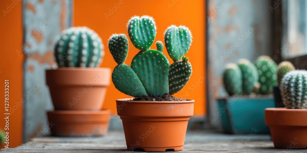 Aufkleber cactus in terracotta pot on vibrant orange background with copy space for text and additional potted