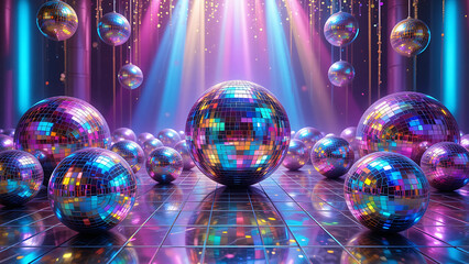 A dazzling disco ball extravaganza, shimmering under vibrant neon lights and casting a kaleidoscopic glow across the mirrored floor.