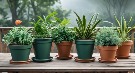 Obraz premium Potted Green Plants on Wooden Patio Table Surrounded by Nature with Space for Text or Branding