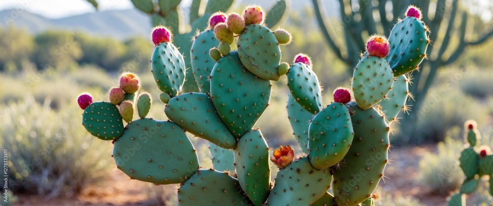 Poster prickly pear cactus with colorful fruits against a natural background featuring space for custom tex