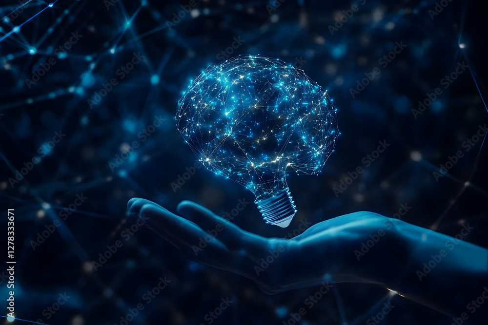 Poster digital brain in hand and a light bulb on a dark blue background with a network connection