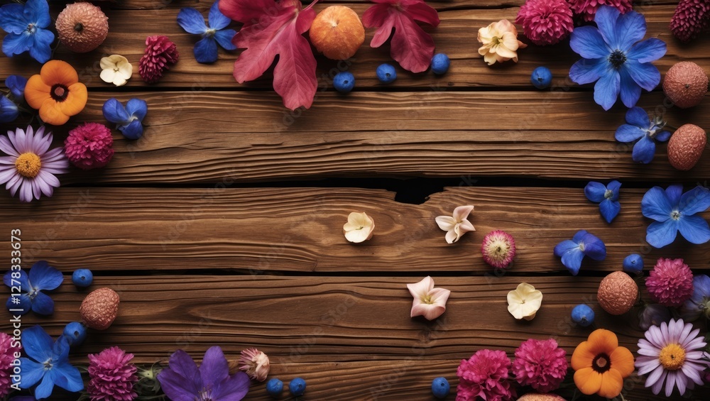 Aufkleber floral arrangement on wooden background with empty space for text and design elements