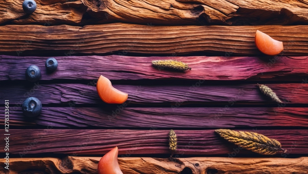 Poster colorful wood background with natural elements and space for text in a product display setting
