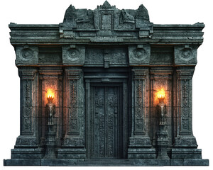 Fototapeta premium Ancient stone entrance with intricate carvings and glowing torches, showcasing grand architectural design that evokes sense of mystery and history