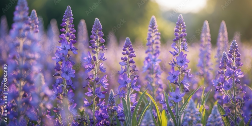 Poster vibrant purple flower field in summer with soft focus and ample space for text or design elements