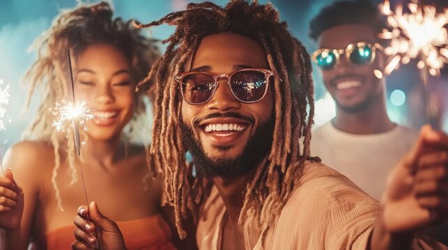 Friends enjoy a lively celebration at night, holding sparklers and wearing sunglasses, surrounded by colorful lights and a joyful atmosphere