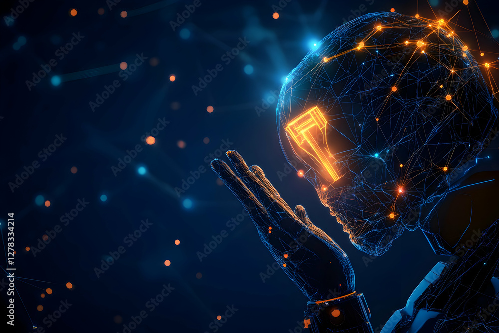 Poster digital brain in hand and a light bulb on a dark blue background with a network connection
